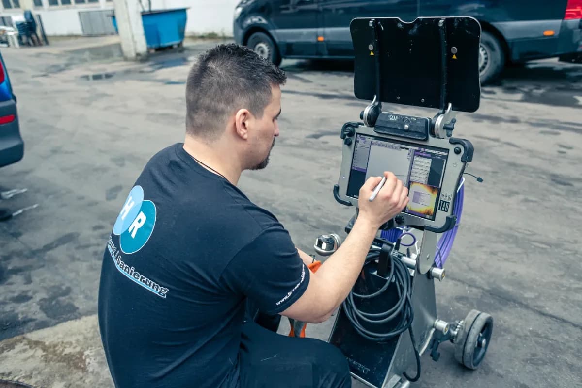 HR Rohrreinigung/Sanierung: Techniker bedient den Monitor des Kanal-TV-Kamerawagens