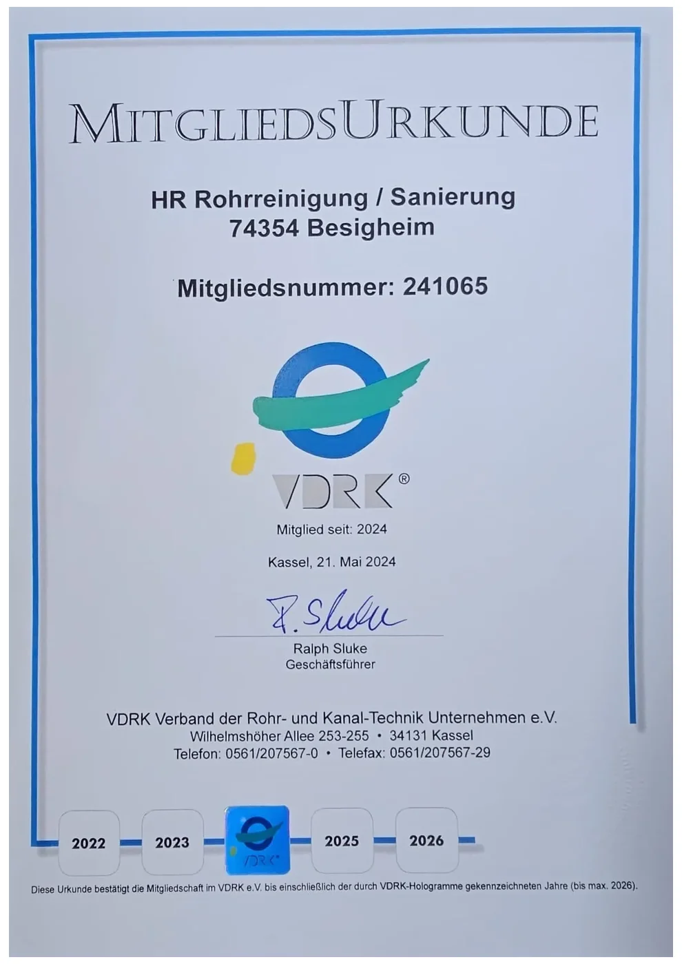 VDRK-Mitgliedsurkunde der HR Rohrreinigung/Sanierung, Mitgliedsnummer 241065