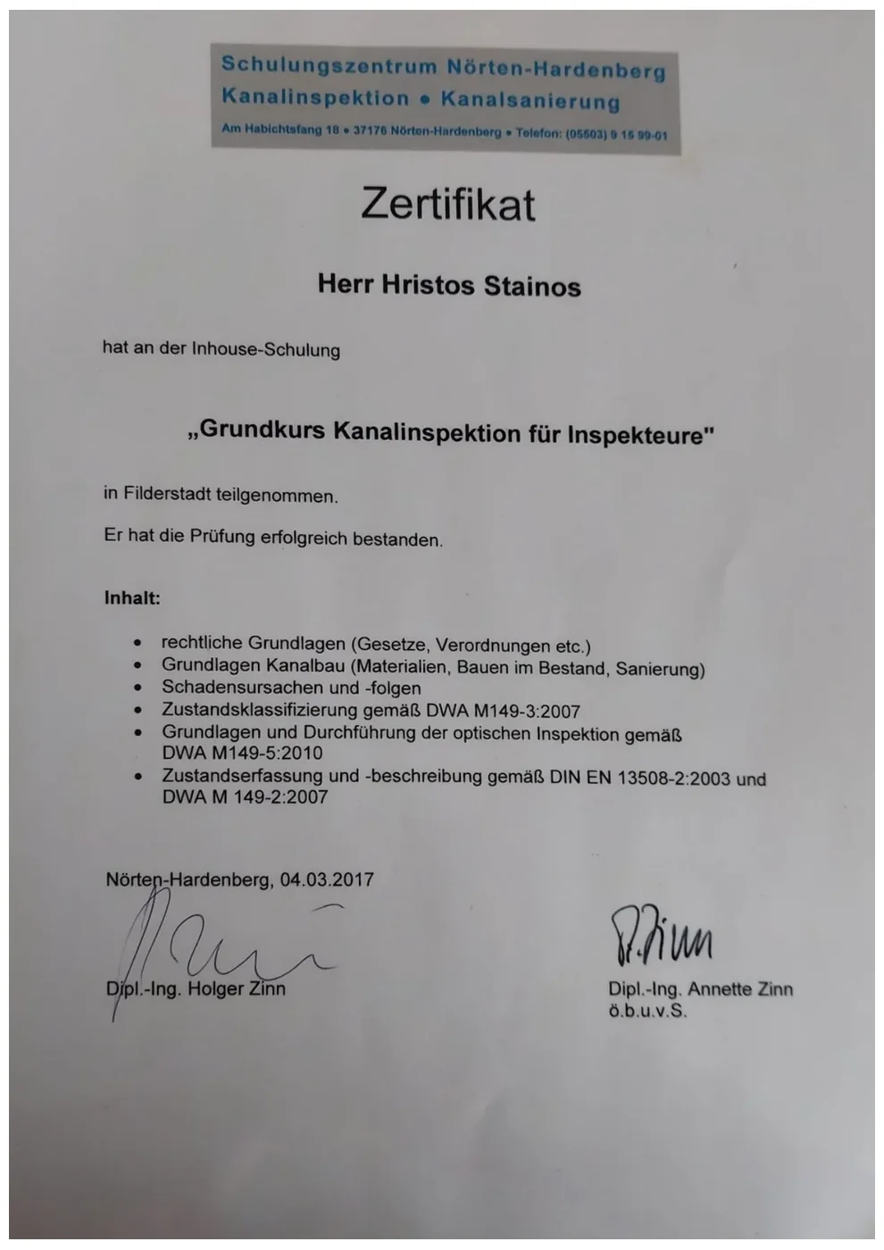 Zertifikat Grundkurs Kanalinspektion für Inspekteure für Hristos Stainos